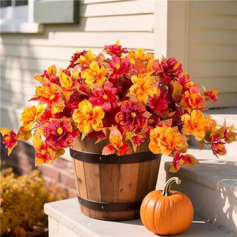 Fall Flowers Artificial for Outdoors Decoration 2PCS Faux Orange Flowers